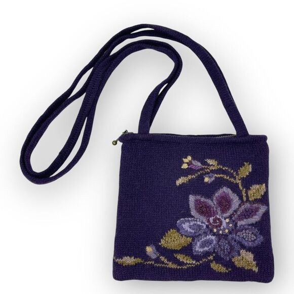 Icelandic Design Handbags - Icelandic Design Wool Blend Shoulder Bag Two Strap Purse Knitted Purple Floral